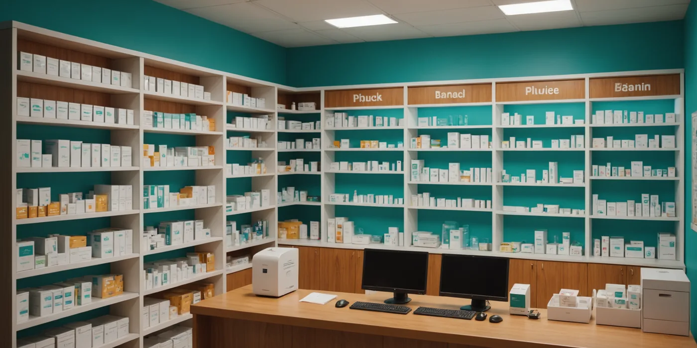 Independent pharmacy interior viewed from behind the counter at golden hour