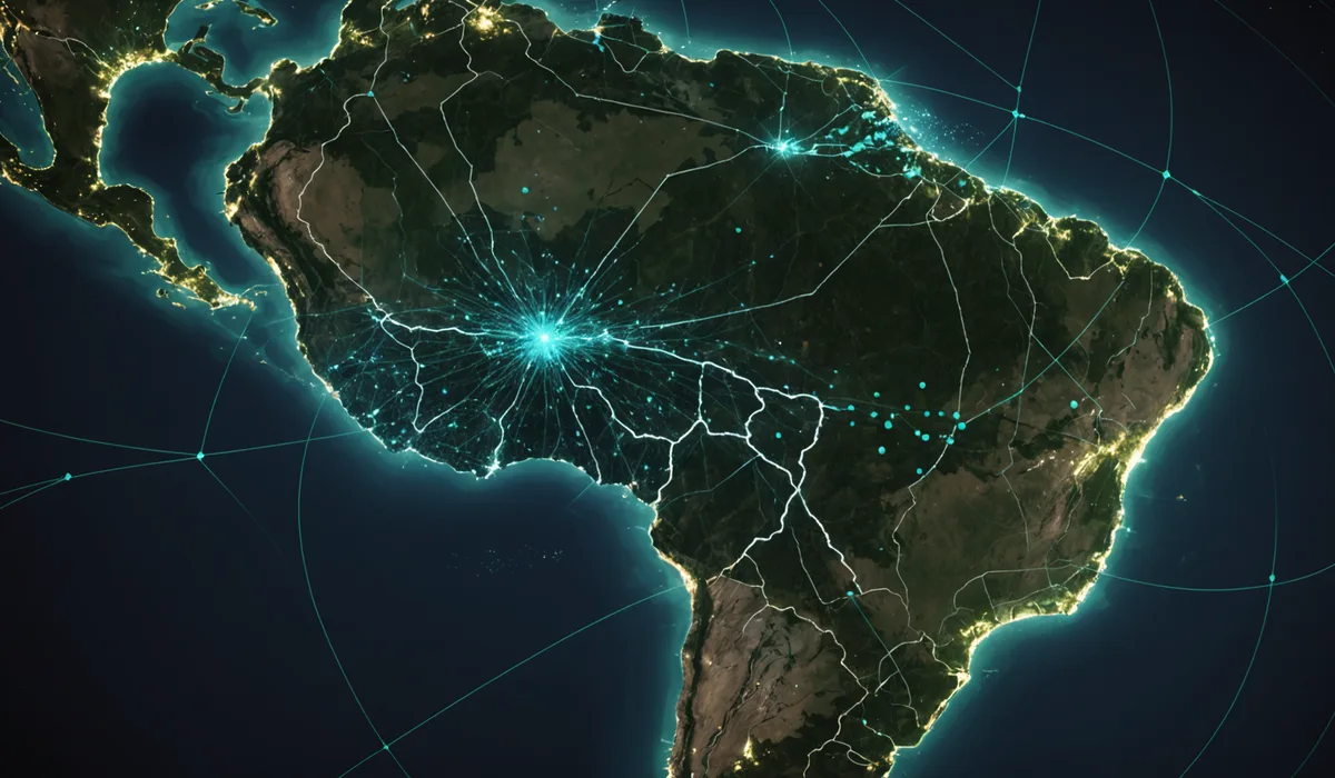 Abstract map of connection lines spanning across Brazil representing the pharmacy distribution network